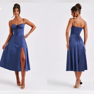 Deanna midi dress-navy. New with tags. Size medium. Milkmaid style dress.